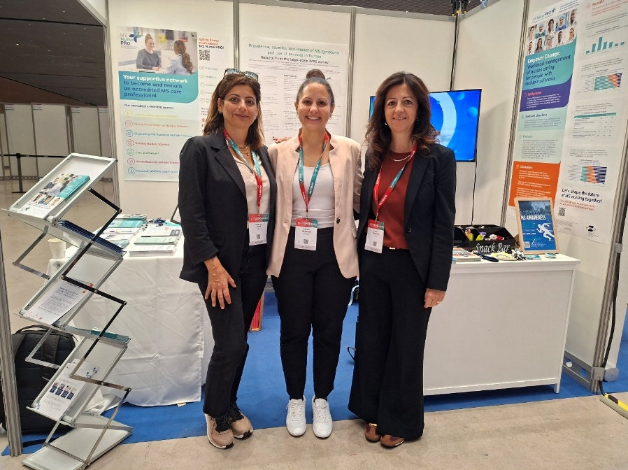 Figure 5. From left to right: Dr. Caterina Veroni, Patricia Moghames, Dr. Roberta Magliozzi at EMSP’s booth at ECTRIMS 2025